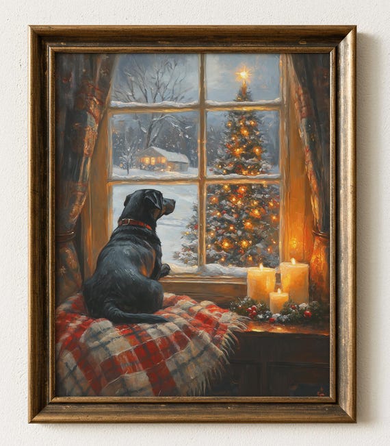 Cozy Winter Wall Art Black Labrador Dog On Windowsill Rustic Christmas Scene With Snow Vintage Decor 1114