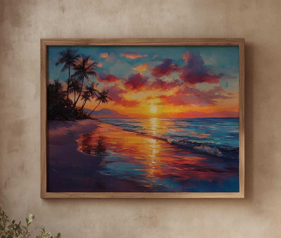 Hawaiian Sunset Beach Painting, Tropical Coastal Art Print