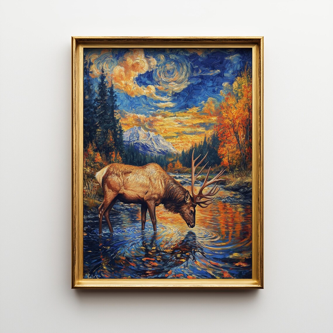 Elk Autumn Landscape Rustic Wildlife Painting 290