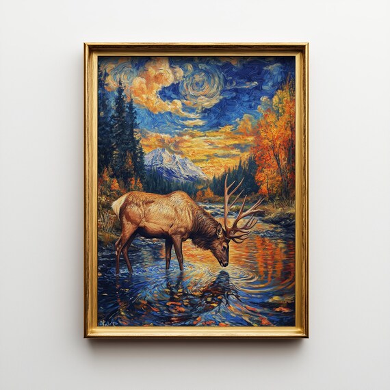 Elk Autumn Landscape Rustic Wildlife Painting 290