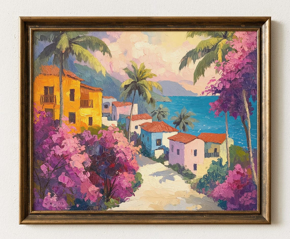 Tropical Seaside Village Colorful Houses Palms Sunset Art Poster