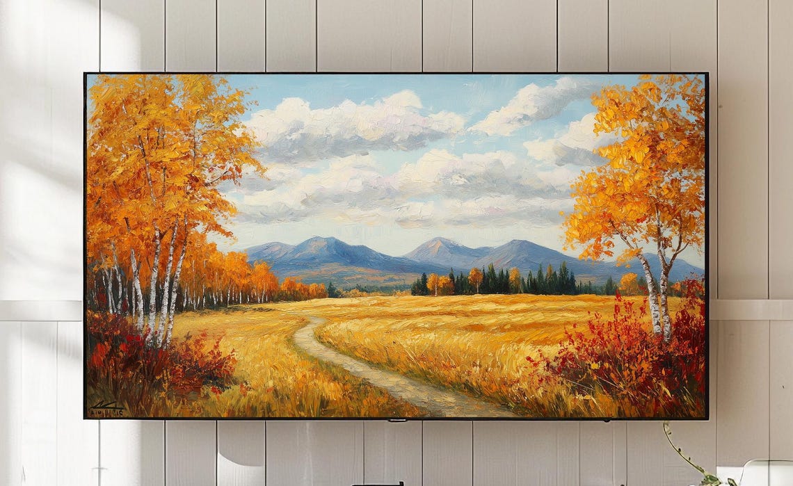 Autumn Birch Meadow Mountain Path Golden Landscape Oil Painting Poster