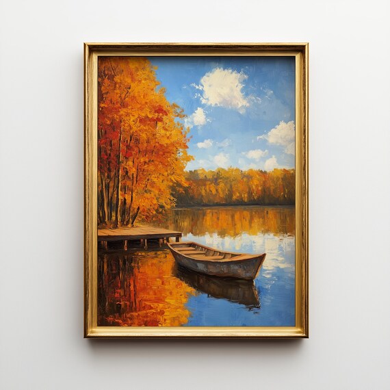 Autumn Lake Landscape Art Print Fiery Maple Reflections 539