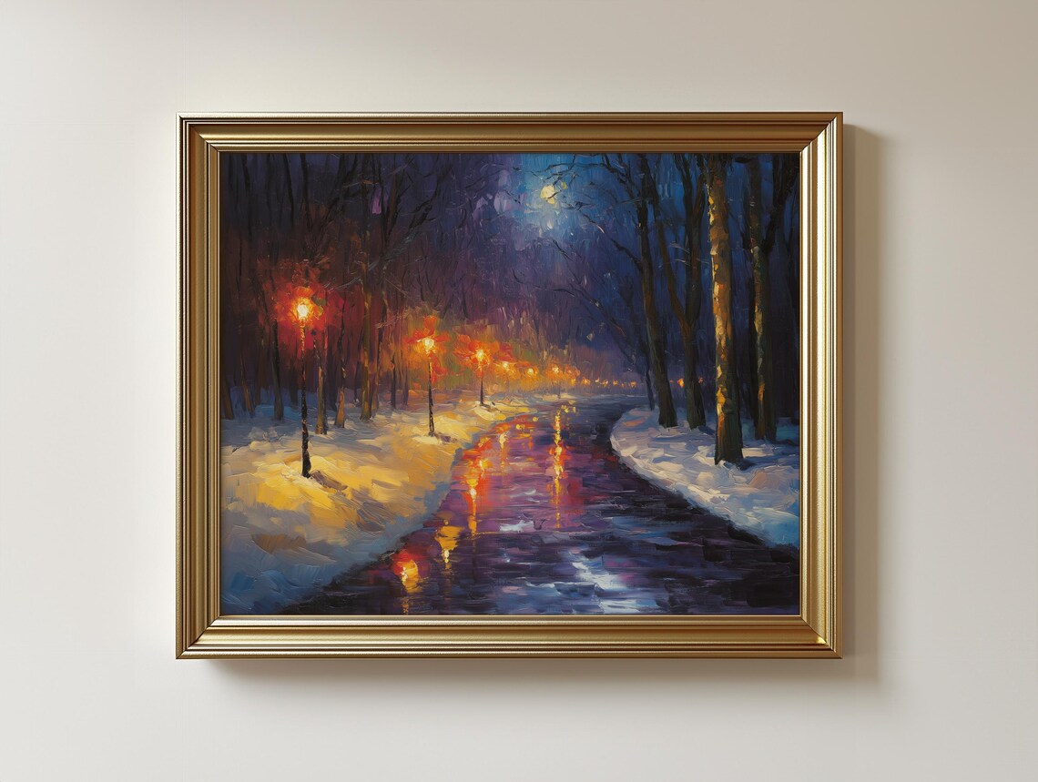 Winter City Park Night, Colorful Urban Scene