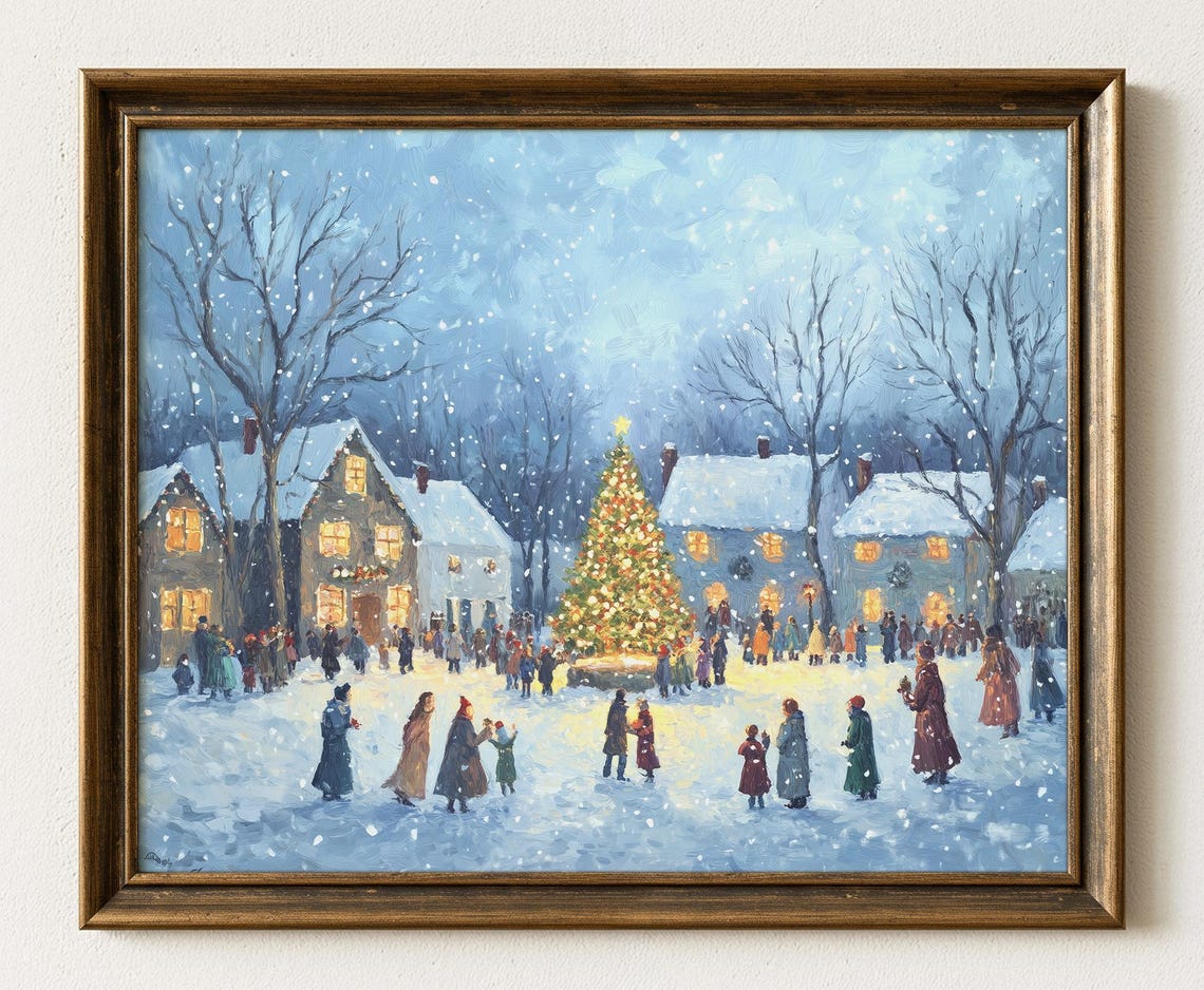 Snowy Christmas Village Town Square Tree Lighting Scene Poster