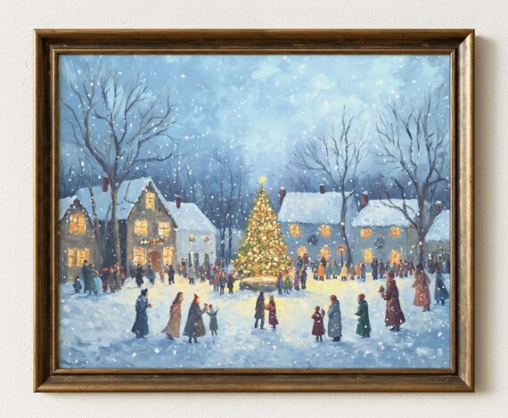 Snowy Christmas Village Town Square Tree Lighting Scene Poster