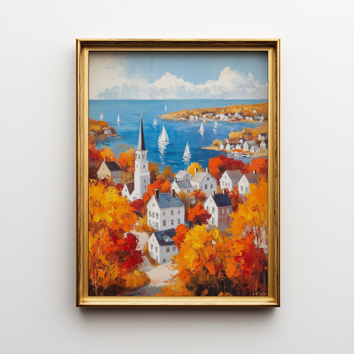 New England Fall Coastal Town Harbor Sailboats Church Poster