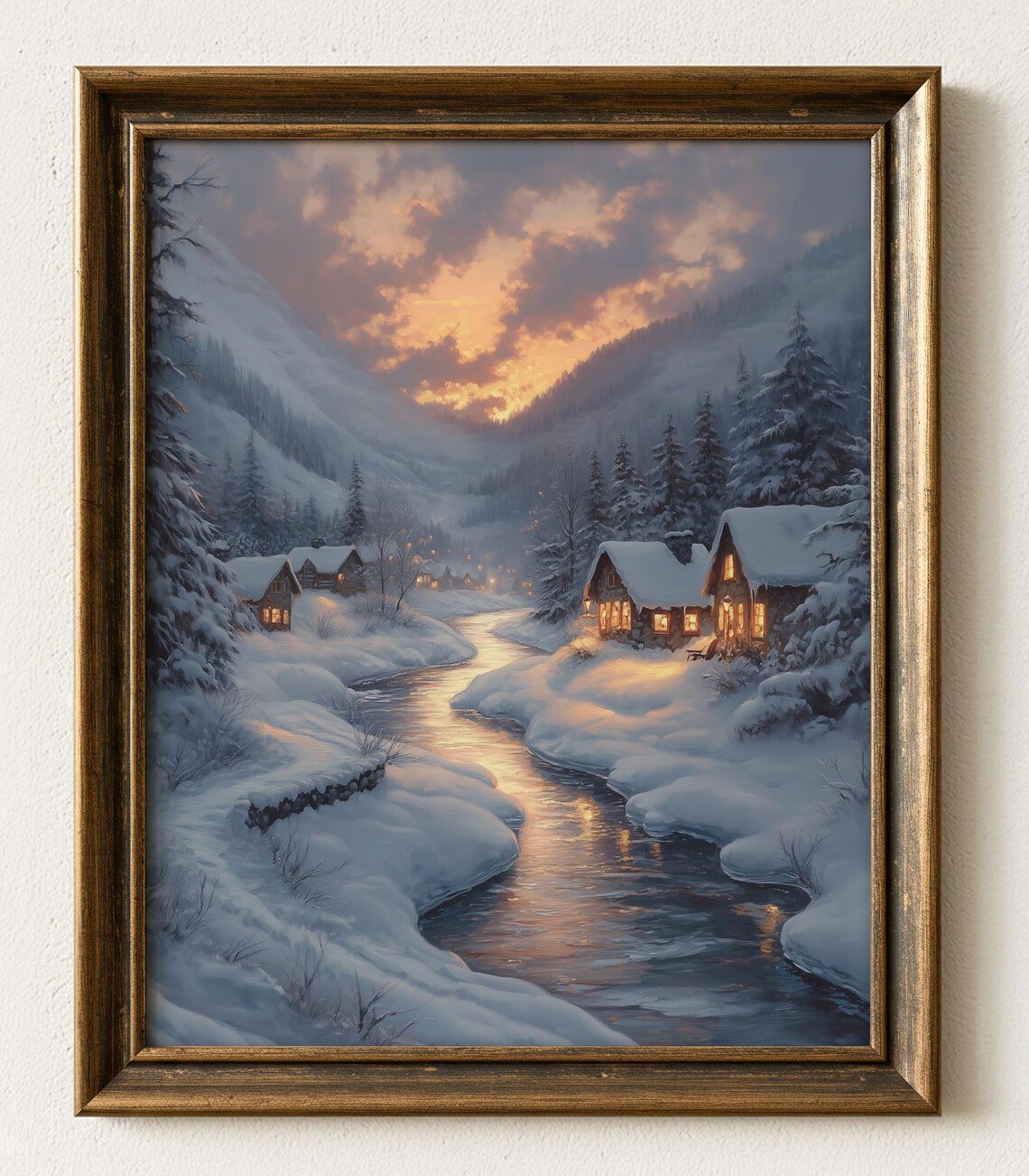 Winter Cottage River Scene, Snowy Landscape Art Print