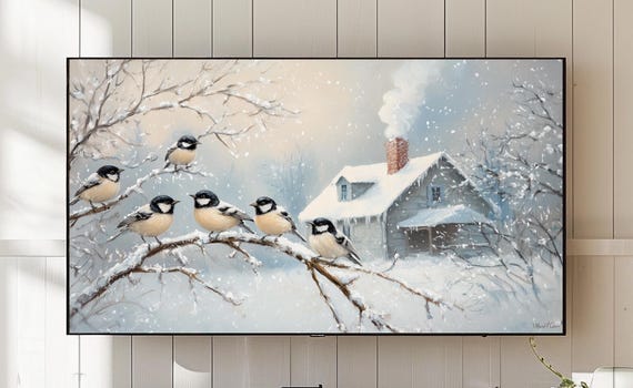 Winter Chickadee Cottage Scene, Rustic Decor