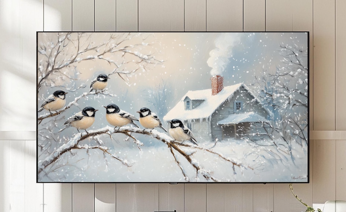 Winter Chickadee Cottage Scene, Rustic Decor