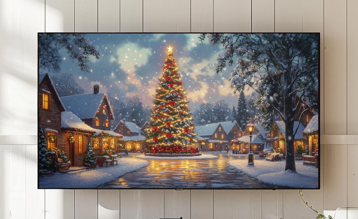 Christmas Village Scene, Holiday Cottage Art Print