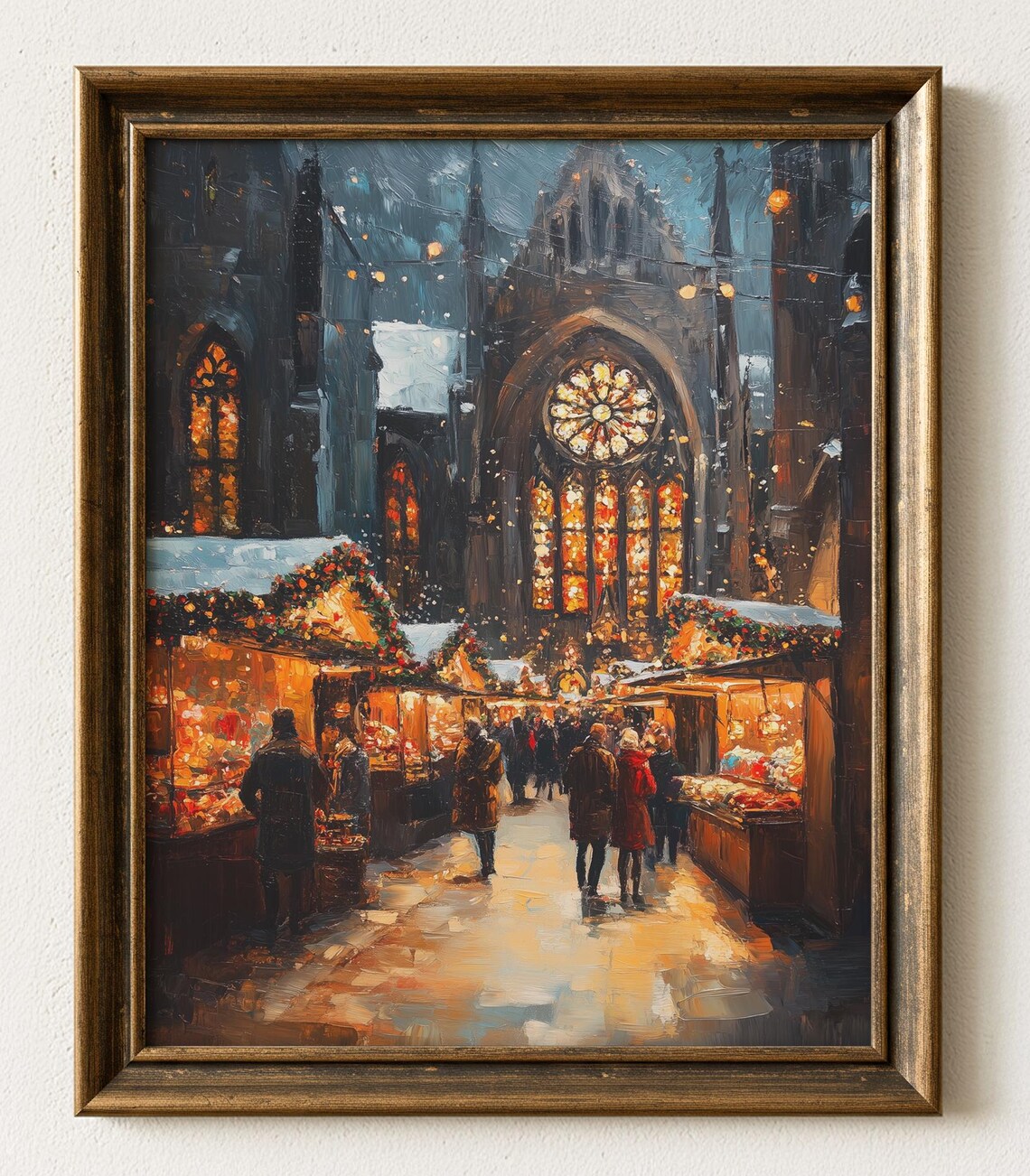 Vintage Christmas Market Cathedral Night Stalls Oil Painting Poster