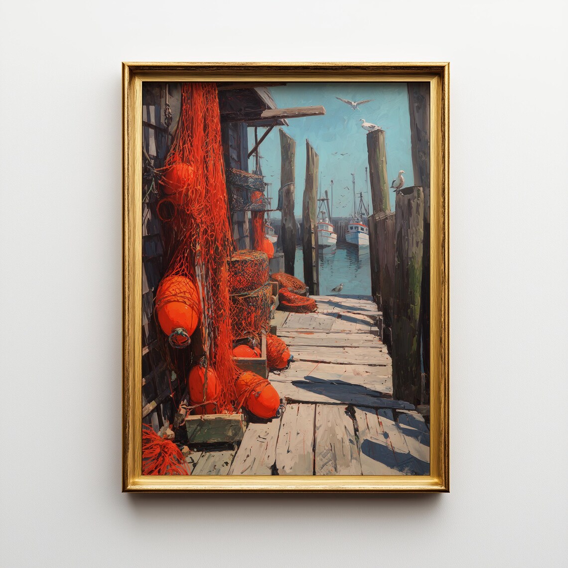 Vintage Fishing Nets, Rustic Coastal Dock Scene