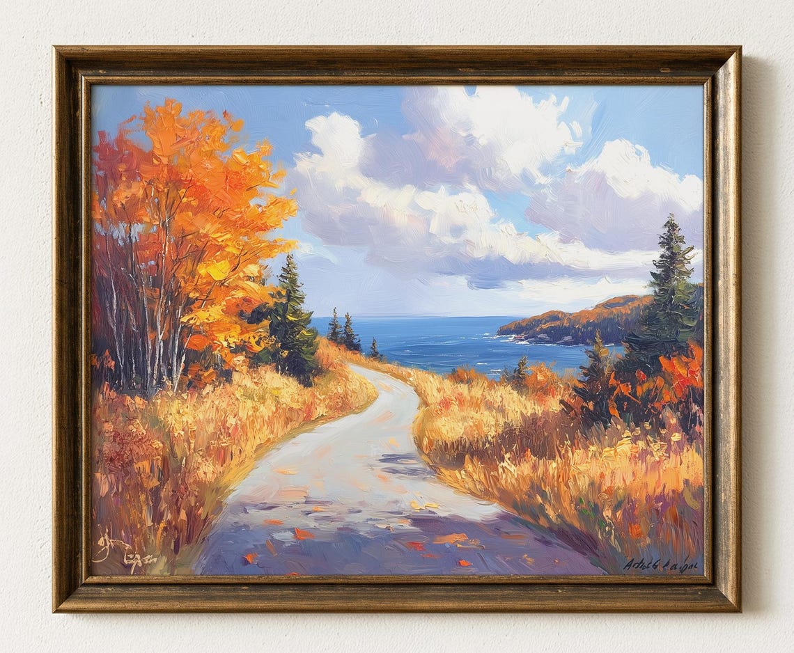 Golden Autumn Coastal Road Ocean View Rustic Fall Landscape Print