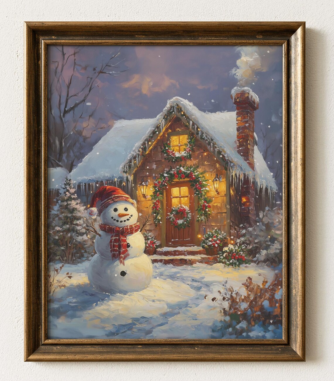 Snowy Evening Cottage, Rustic Winter Snowman Scene