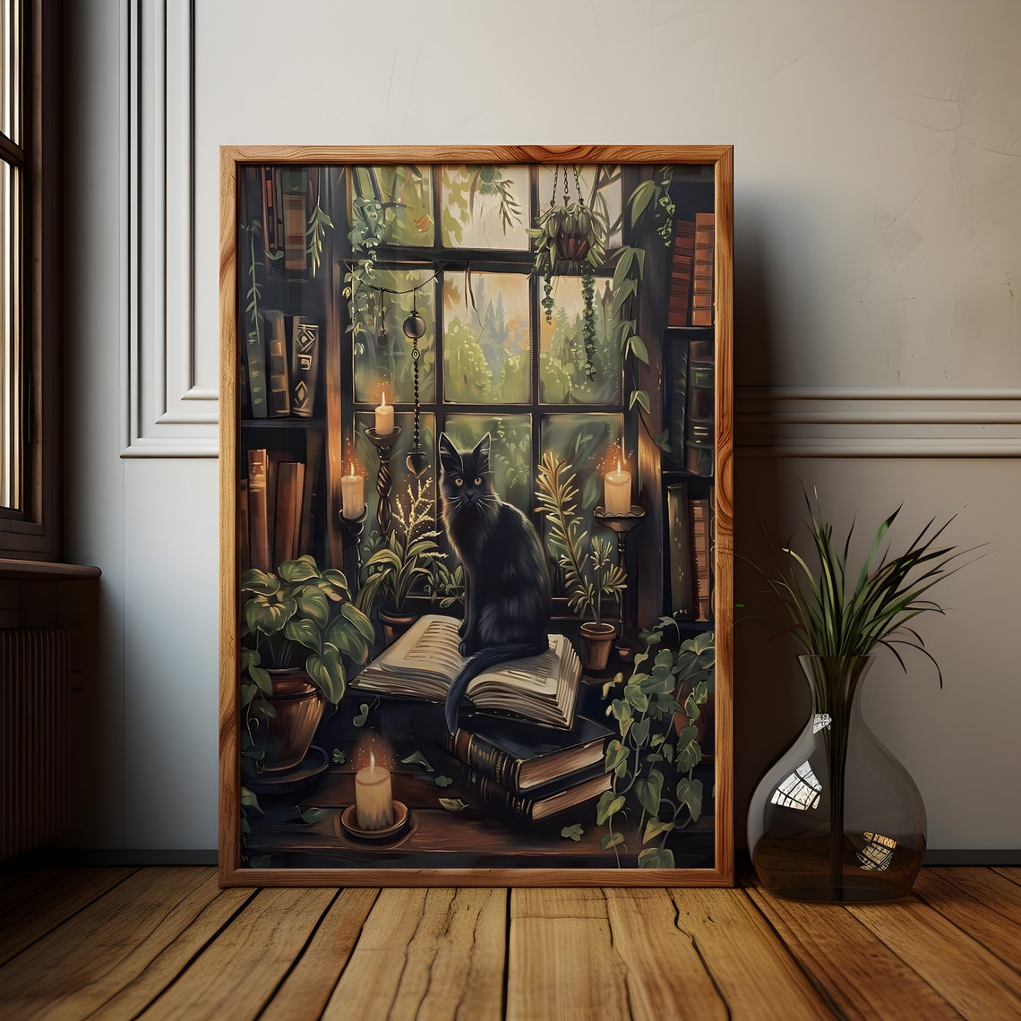 Black Cat Cottage Library Art Print, Dark Academia - Image 2