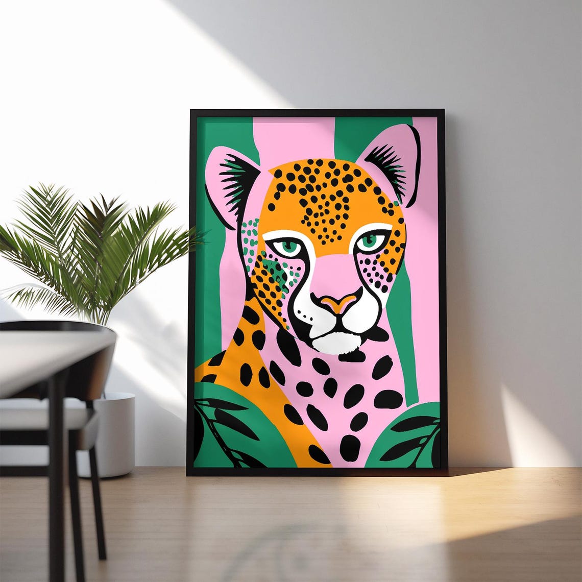 Neon Pink Green Pop Art Leopard Portrait Jungle Poster Decor
