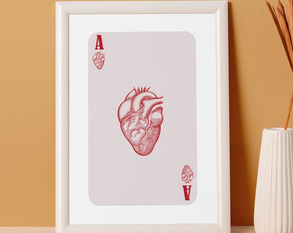 Red Ace Of Hearts Art Print Retro Game Room Poster Digital Download
