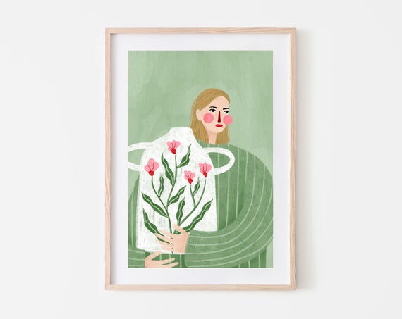 Woman With Flower Vase, Colorful Minimal Portrait Art