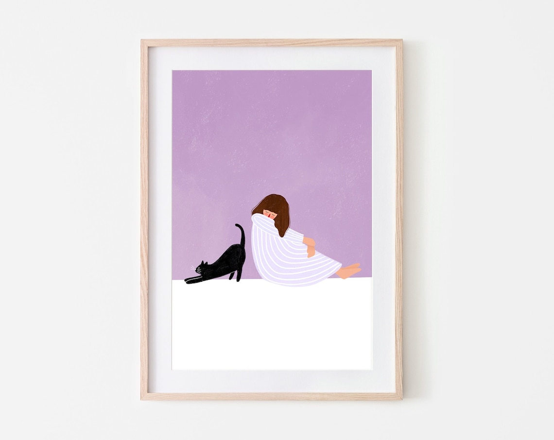 Girl and Cat Illustrated Art Print, Pet Illustration