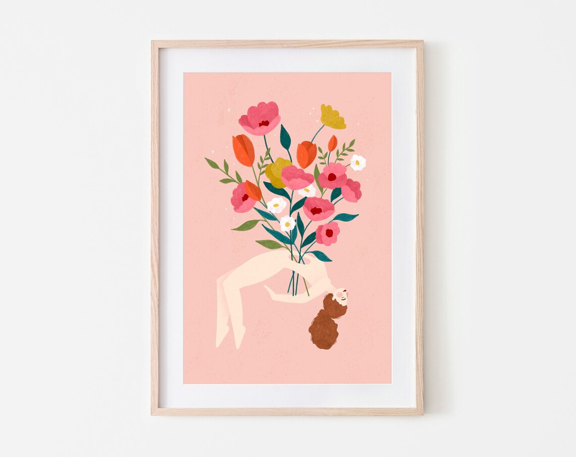 Woman Bouquet Body Blooming Flowers Self Love Floral Art Poster