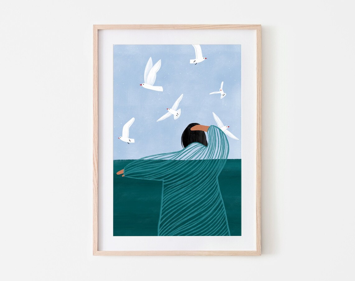 Seaside Mindful Art Print, Woman Ocean and Birds