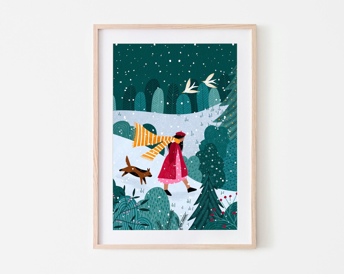 Girl Walking Dog In Snowy Night Forest Winter Illustration Poster