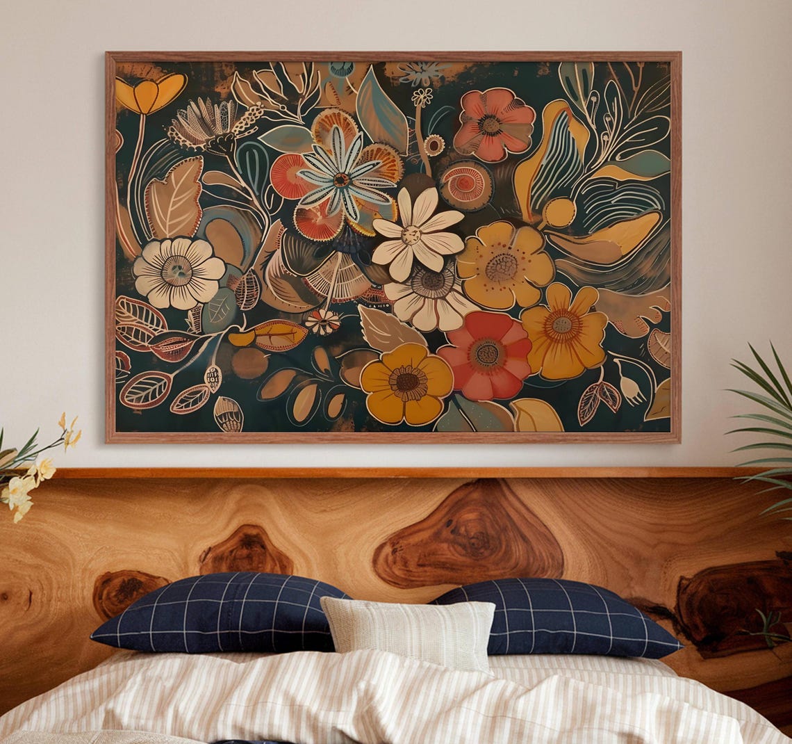 Midcentury Modern Boho Floral Pattern Dark Botanical Art Print