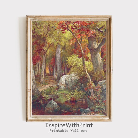 Autumn Forest Path With Stream and Rocks Vintage Fall Landscape Poster