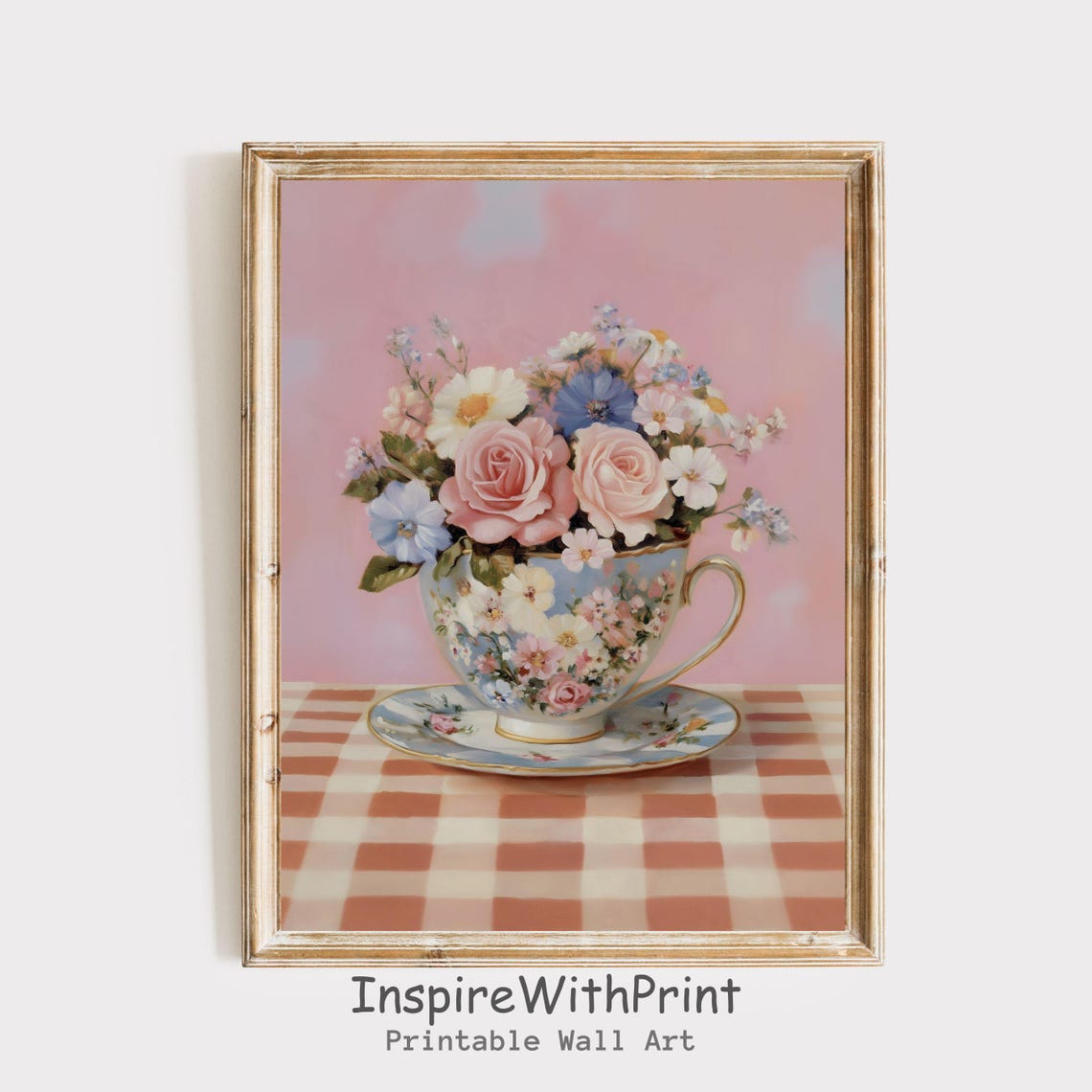 Pastel Roses And Daisies In Vintage Floral Teacup Gingham Poster