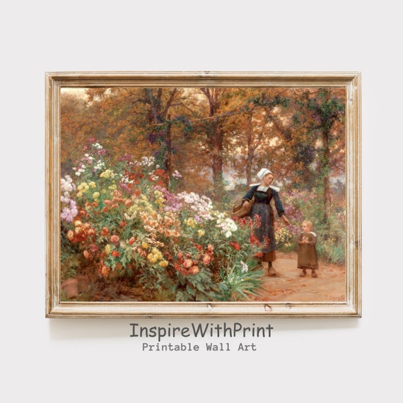 Vintage Mother And Kid In The Fall Garden Painting Flower Print Moody Autumn Wall Decor Children Art
