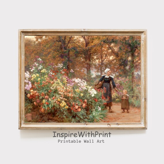 Vintage Mother Child Autumn Garden Flowers Classic Art Poster