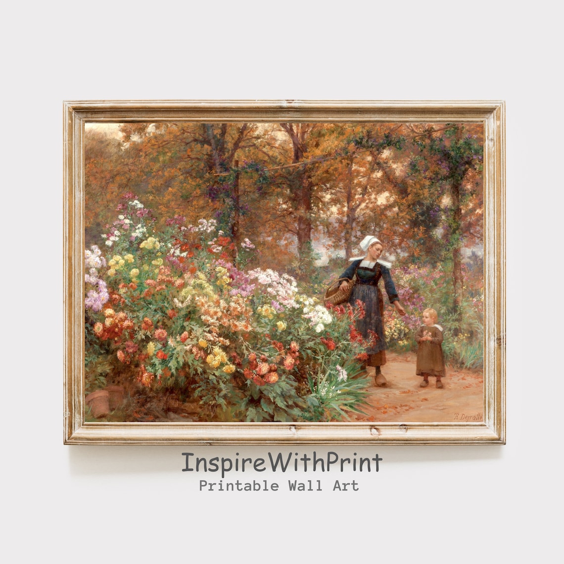 Vintage Mother Child Autumn Garden Flowers Classic Art Poster