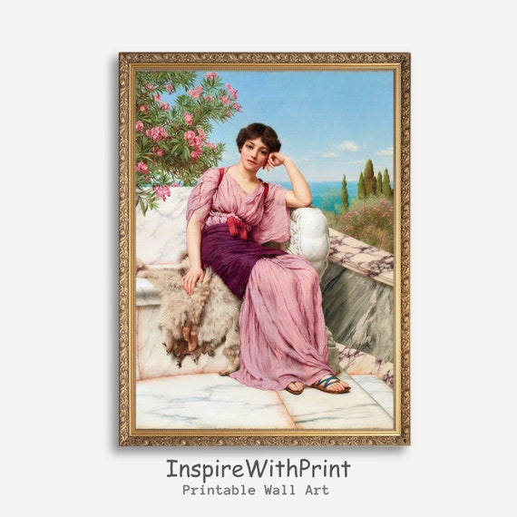 Beauty Woman Portrait Painting In The Garden Wall Art Vintage Moody Artful Print