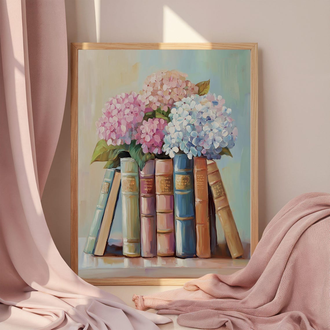 Vintage Book Stack Pink and Blue Hydrangea Flowers Art Poster