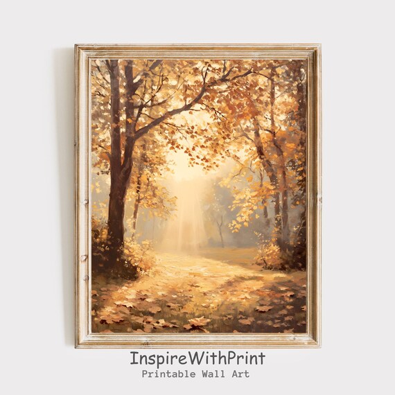 Autumn Forest Path Print With Golden Leaves and Sunlight Glow