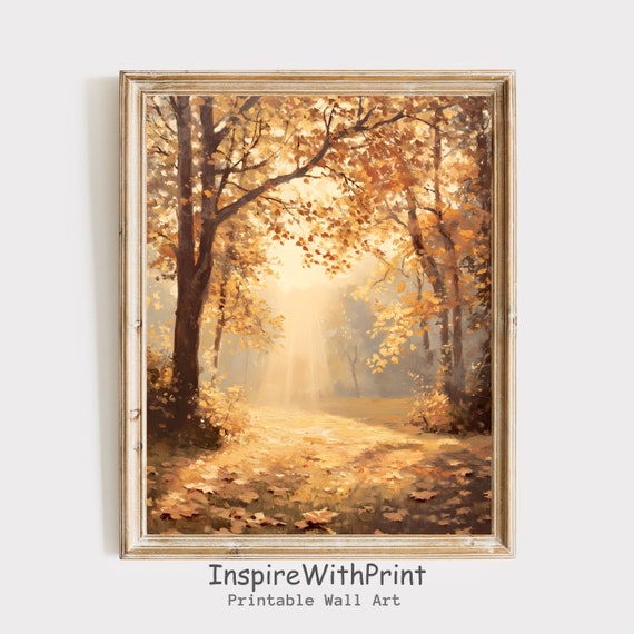 Vintage Autumn Sunshine Forest Wall Art Fall Leaves Painting Moody Landscape Trees Print Scenery