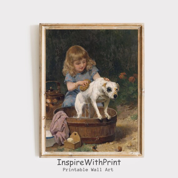 Little Girl Bathing Her Dog in a Tub Vintage Nursery Art Poster