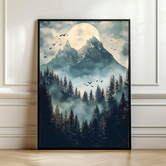 Moody Full Moon Mountain Misty Pine Forest Vintage Landscape Print
