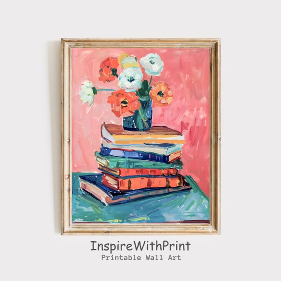 Abstract Flowers With Stack Of Books Print Matisse Inspired Art Artful Painting Home Office Library Decor