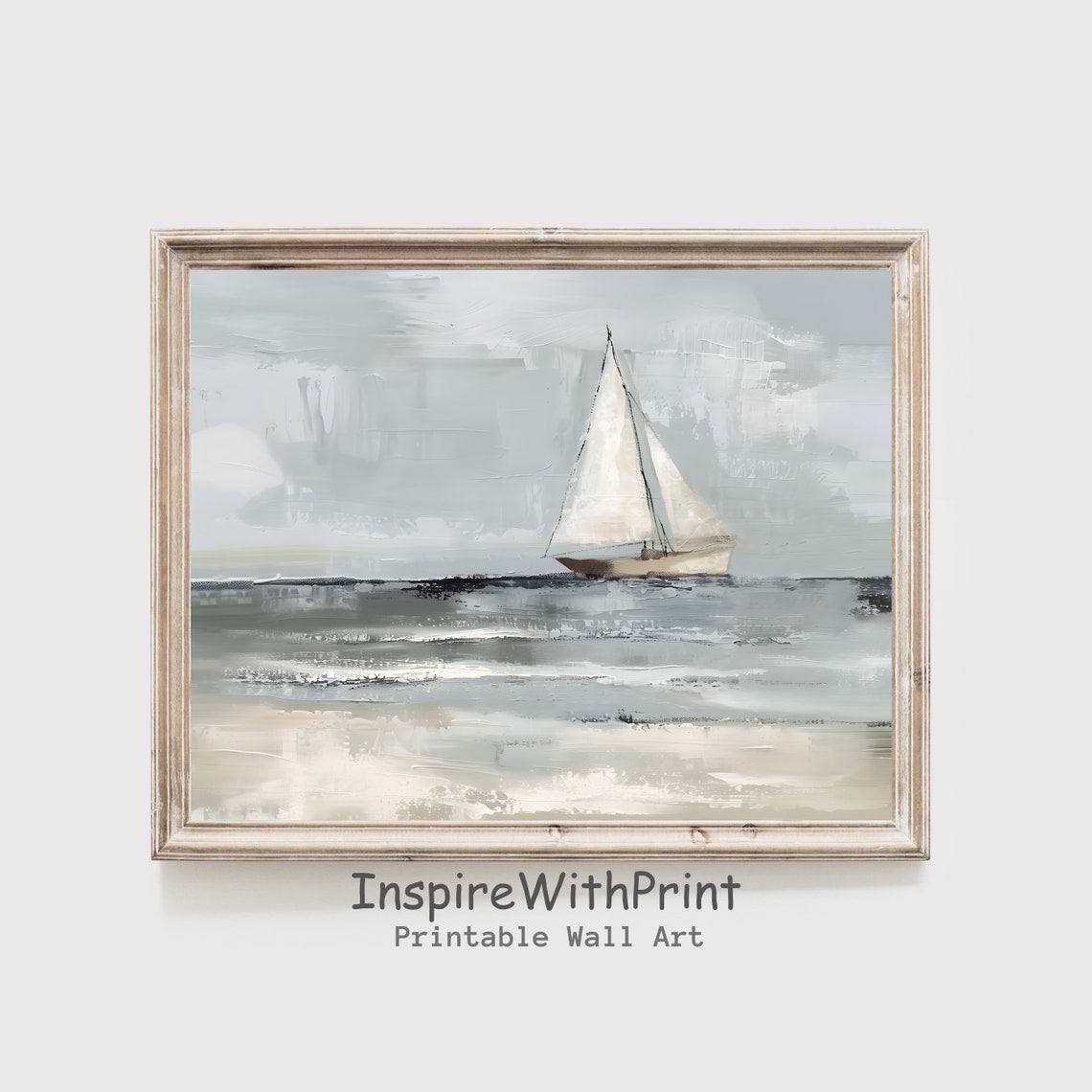 Muted Blue Sailboat Seascape Impressionist Coastal Art Poster