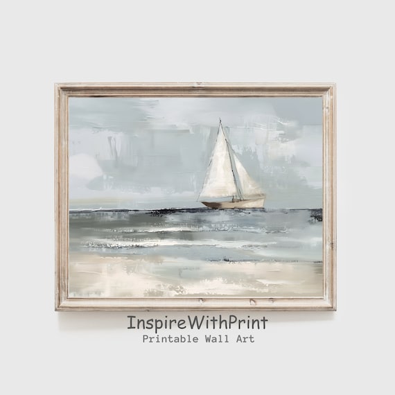 Muted Blue Sailboat Seascape Impressionist Coastal Art Poster