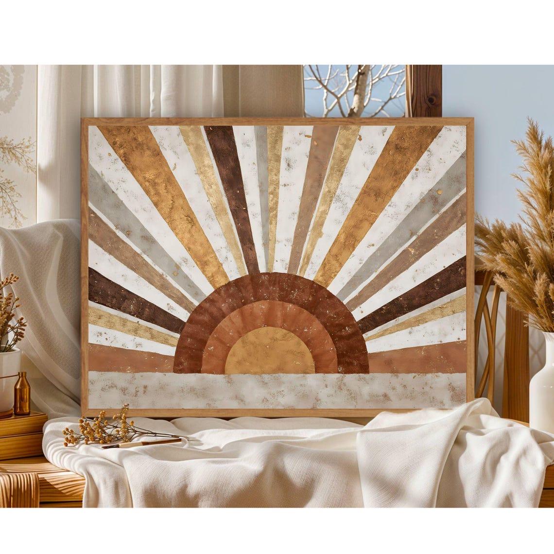Boho Half Sun With Earth Tone Sunburst Rays Abstract Art Poster