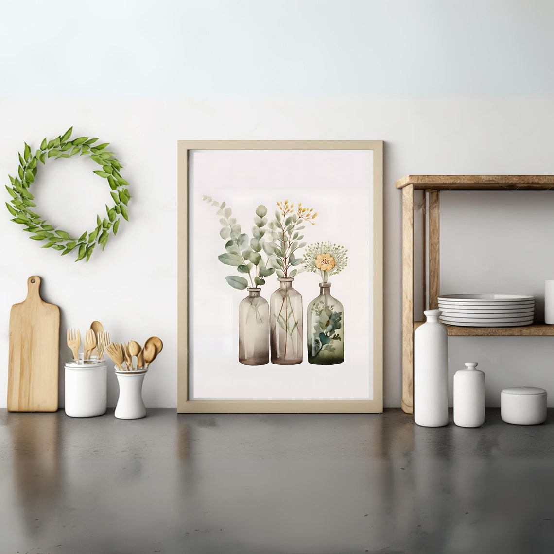 Eucalyptus Sprigs In Glass Bottles Watercolor Botanical Wall Art
