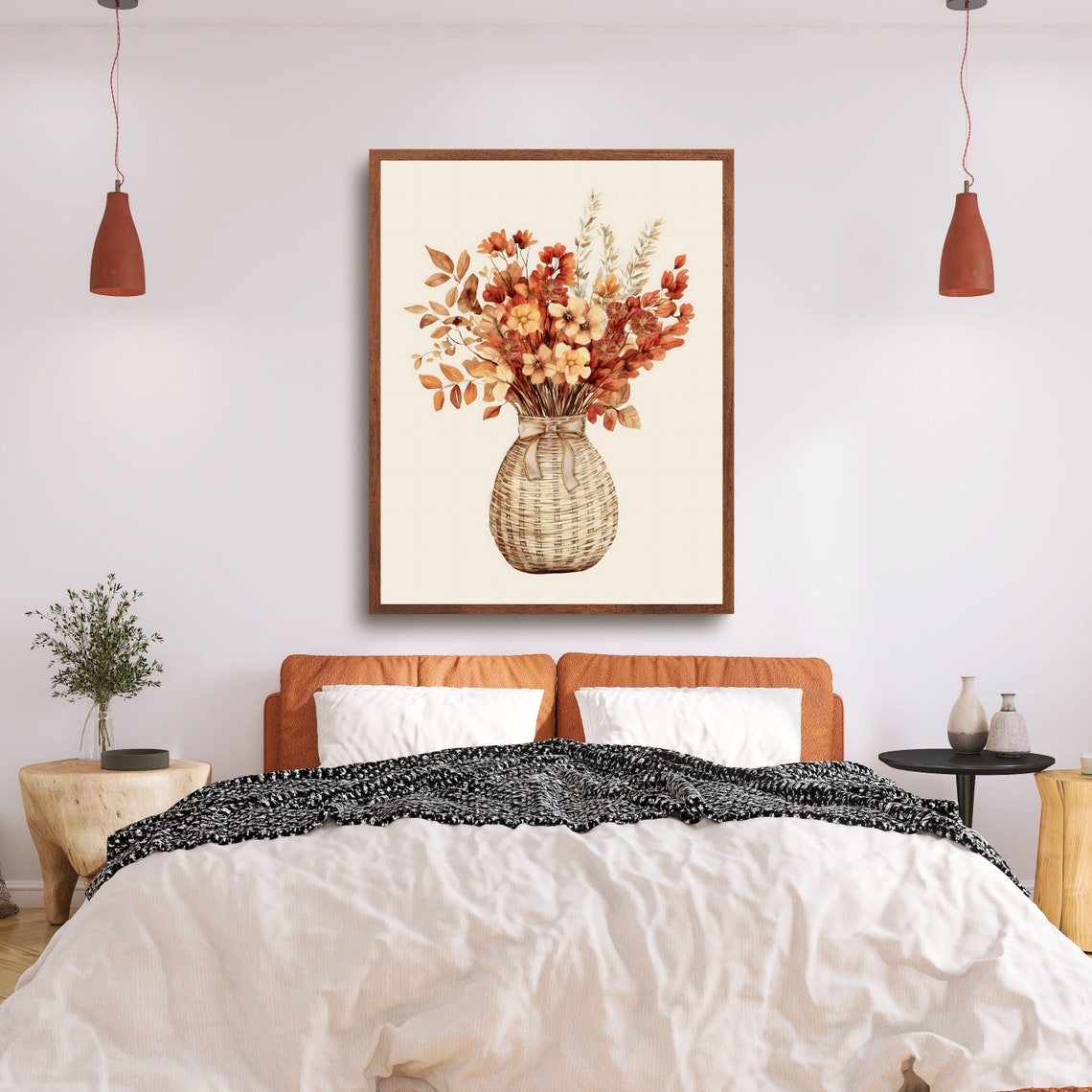 Autumn Flowers Wicker Basket Watercolor Fall Botanical Wall Art