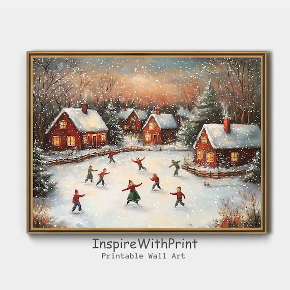 Vintage Christmas Village Ice Skating Poster Snowy Winter Scene Decor