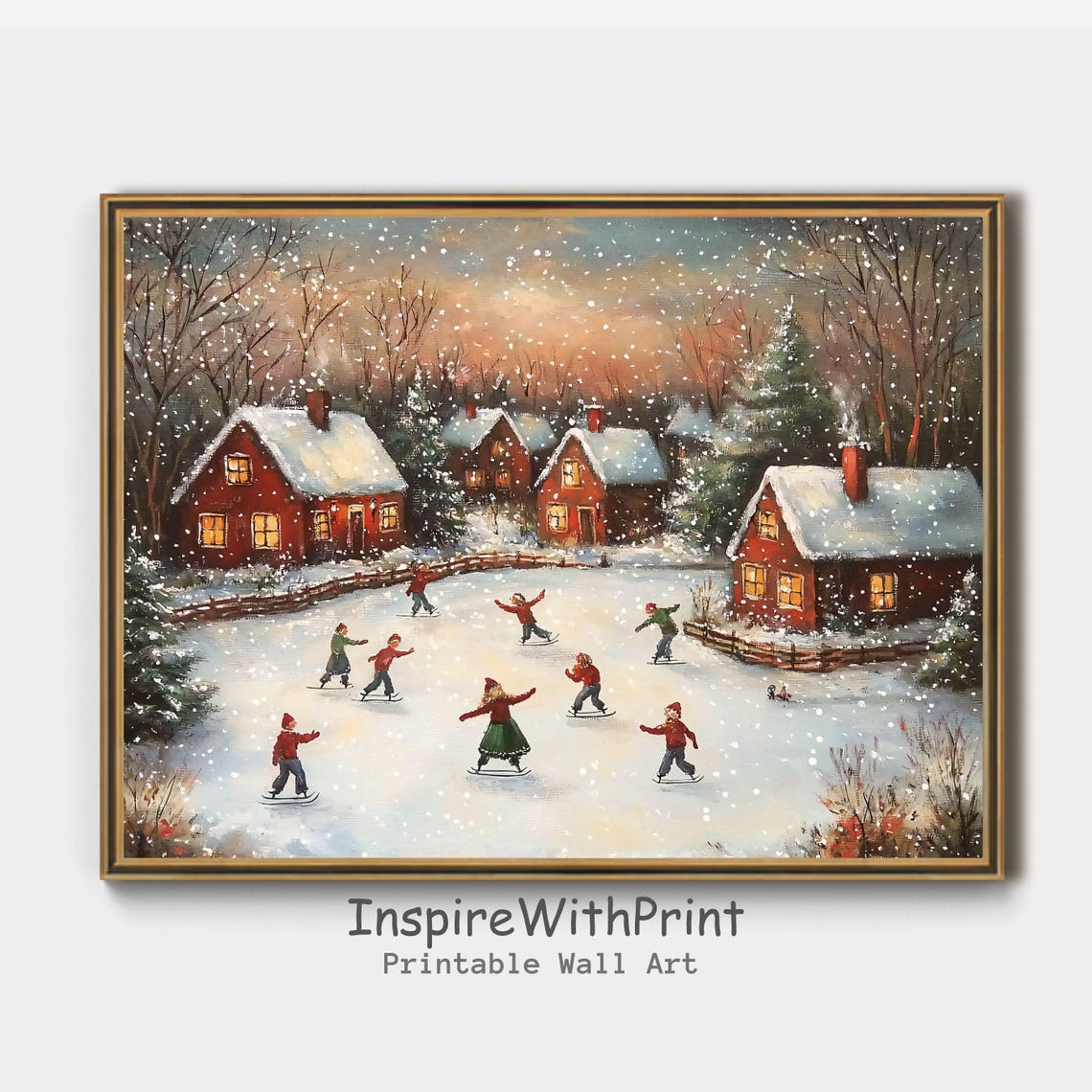 Vintage Christmas Village Ice Skating Poster Snowy Winter Scene Decor