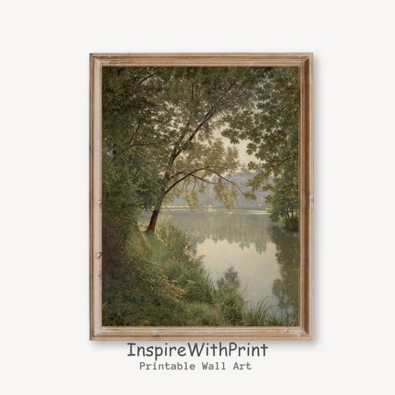 Vintage River Landscape Painting Country Print Cottage Core Art Farmhouse Wall Decor Calming Nature