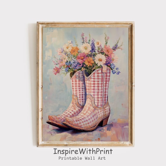 Pink Gingham Cowboy Boots Filled With Wildflowers Art Poster