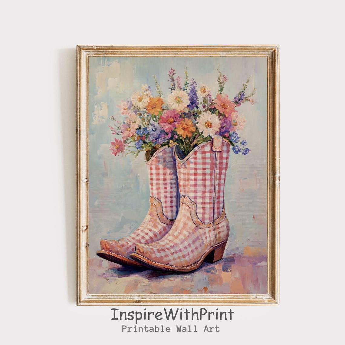 Pink Gingham Cowboy Boots Filled With Wildflowers Art Poster